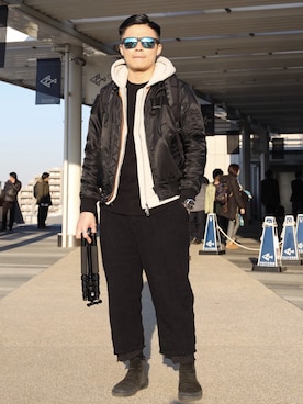 「initial（イニシャル）のアイテム（シューズ）」を使った、DERRICK CHEUNGさん（メンズ・165cm）の冬コーディネート