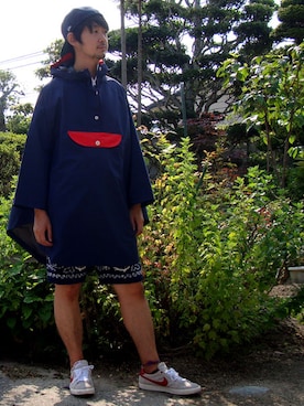 「AIGLE（エーグル）のアイテム（ポンチョ）」を使った、KENEDYSさん（メンズ・176cm）の夏コーディネート
