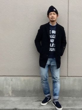 「MAISON KITSUNE」｜「アイテム（チェスターコート）」を使った、KENEDYSさん（メンズ・176cm）の冬コーディネート