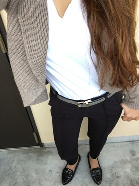 「AZUL by moussy（アズールバイマウジー）のｵｰｶﾞﾆｯｸｺｯﾄﾝVﾈｯｸ半袖PO（Tシャツ/カットソー）」を使った、Risaさん（レディース・154cm）の秋コーディネート