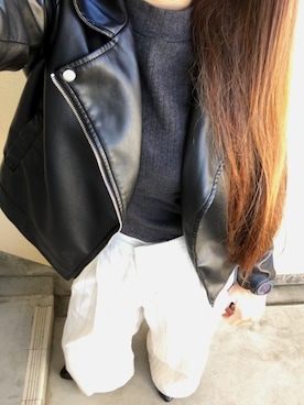 「仕事コーデ」｜「アイテム（ライダースジャケット）」を使った、Risaさん（レディース・154cm）の秋コーディネート