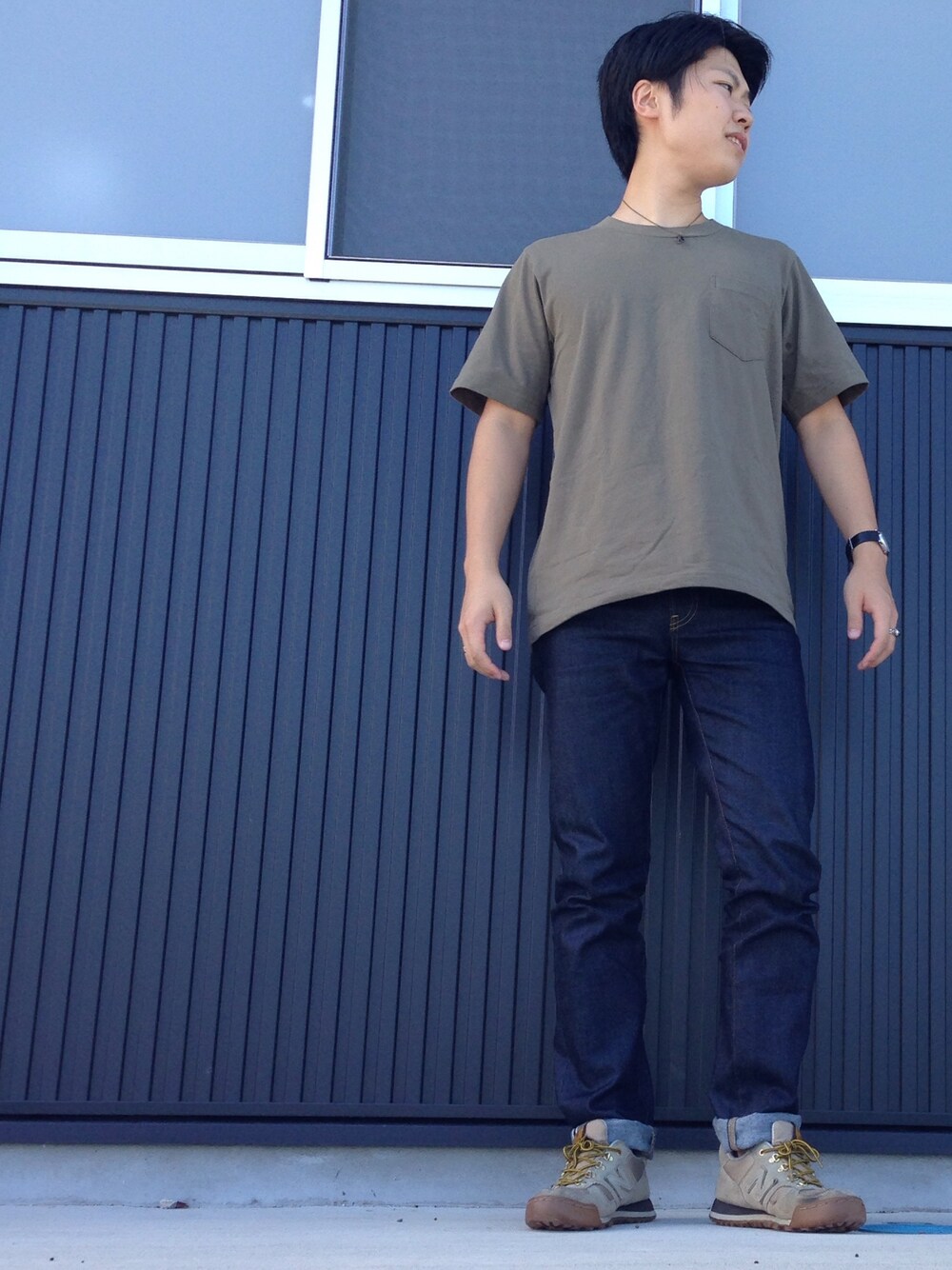 「天気、グローバルワーク(GLOBAL WORK)、晴れ、UNIQLO」｜「GLOBAL WORKの【吸水速乾】ドライTシャツ/564675（Tシャツ/カットソー、グリーン系）」を使った、くりたか。さん（メンズ・170cm）の秋コーディネートの1枚目の写真