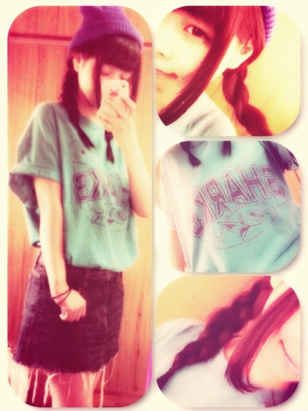 「#古着、#ニット帽、#Tシャツ、#三つ編み」｜「USEDのusedサメTシャツ（Tシャツ/カットソー、ブルー系）」を使った、ふかざわまりなさん（レディース・153cm）の春コーディネートの1枚目の写真
