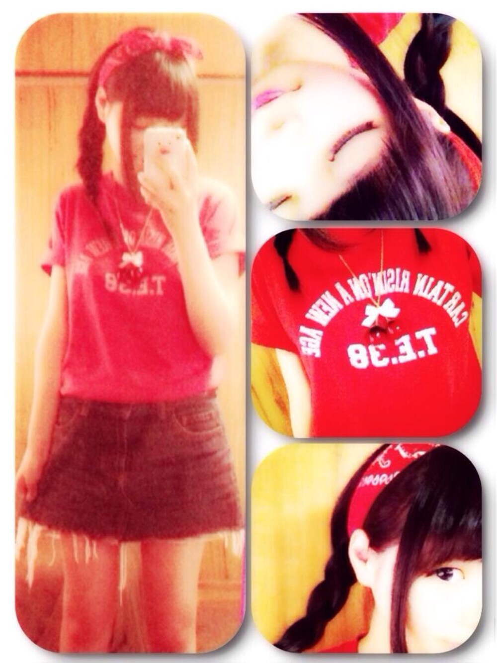「#古着、#デニムスカート、#Tシャツ、#三つ編み、#バンダナ、#さくらんぼ」｜「USEDのuesdTシャツ（Tシャツ/カットソー、レッド系）」を使った、ふかざわまりなさん（レディース・153cm）の春コーディネートの1枚目の写真