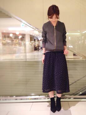 「ドットスカート」｜「アイテム（ノーカラージャケット）」を使った、megmiさん（レディース・154cm）の秋コーディネート