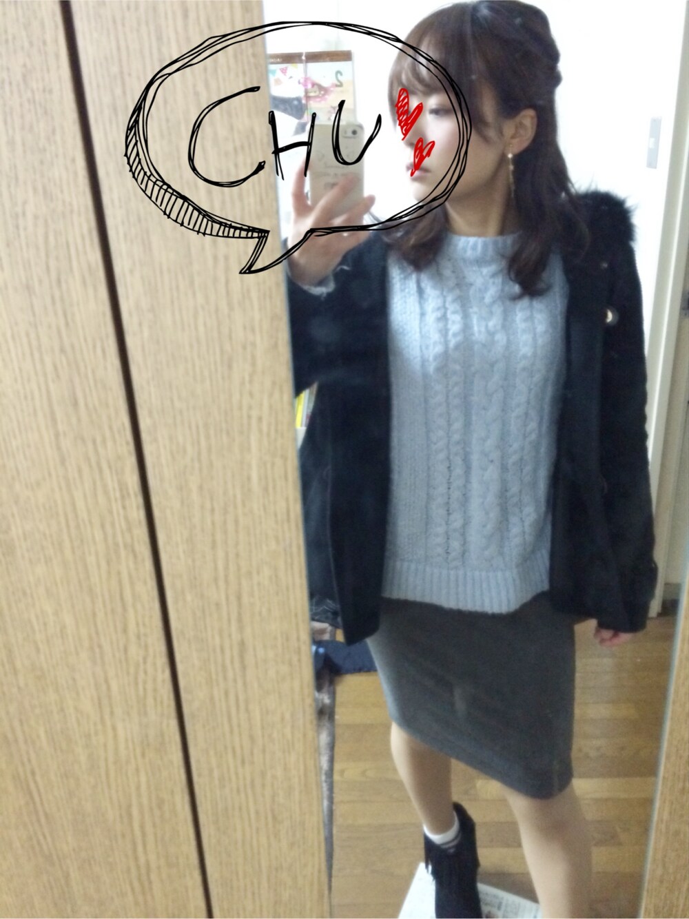 「CECIL McBEEのアイテム（ダッフルコート、ブラック系）」を使った、y!さん（レディース・147cm）の冬コーディネートの1枚目の写真