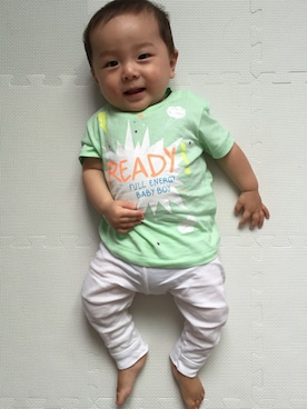 「ZARA KIDSのアイテム（Tシャツ/カットソー、グリーン系）」を使った、︎masanpaさん（キッズ・90cm）の夏コーディネート
