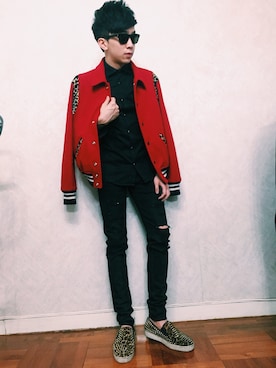「SAINT LAURENT PARIS（サンローランパリ）のアイテム（スタジャン）」を使った、chrisさん（メンズ・175cm）の冬コーディネート