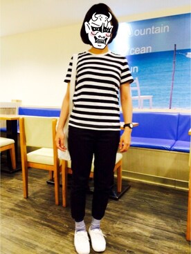 「無印良品（ムジルシリョウヒン）のアイテム（Tシャツ/カットソー、ブラック系）」を使った、hsinさん（レディース・155cm）の夏コーディネート