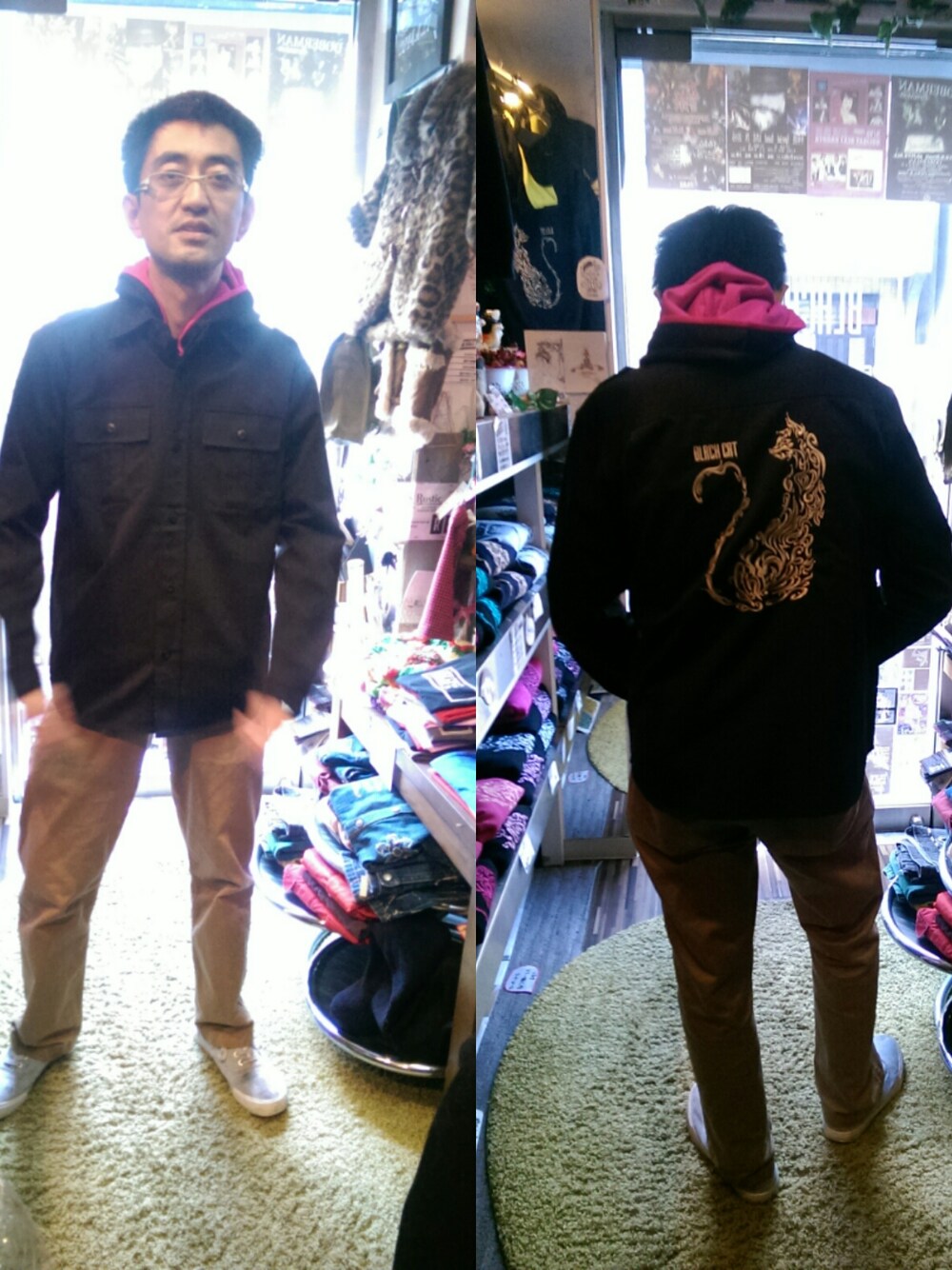 「VANS、black、NIKE、MA-1、UNIQLO、converse、BEAMS、ZARA、x-girl、blue」｜「BLACK CAT　ジャージ（その他アウター、ブラック系）」を使った、愛知　BLACKCATヒロさん（メンズ・168cm）の秋コーディネートの1枚目の写真