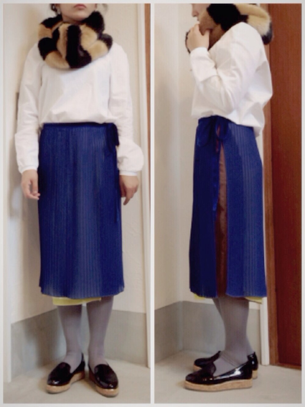「プリーツスカート、ファー小物、スヌード」｜「ZARAのアイテム（シャツ/ブラウス、ホワイト系）」を使った、Elieさん（レディース・155cm）の秋コーディネートの1枚目の写真