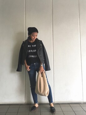 「TODAYFUL（トゥデイフル）のアイテム（ライダースジャケット）」を使った、IKUMIさん（レディース・153cm）の秋コーディネート