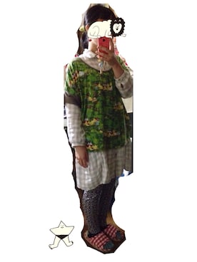 「柄×柄」｜「アイテム（シャツワンピース）」を使った、キノコさんさん（レディース・146cm）の冬コーディネート
