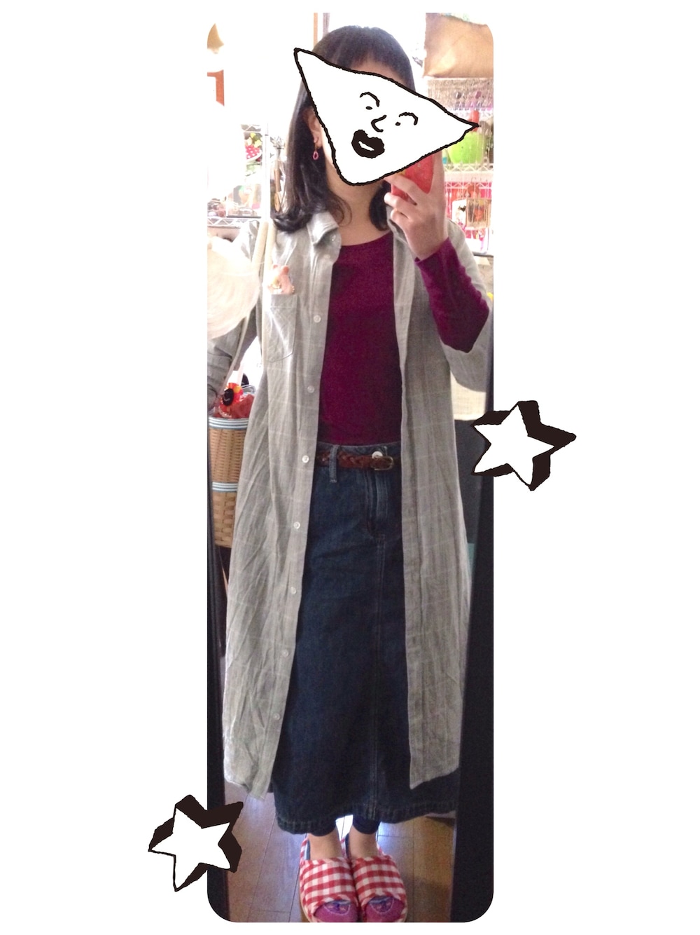 「デニムスカート、ロングスカート、おとなっぽい、ロングシャツワンピ、キノコアイテム」｜「UNIQLOの古着屋さんで購入（Tシャツ/カットソー、パープル系）」を使った、キノコさんさん（レディース・146cm）の春コーディネートの1枚目の写真