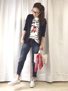 「Ungrid（アングリッド）のインディゴフレイドヘムストスリ（デニムパンツ）」を使った、moyooonnさん（レディース・152cm）の春コーディネート