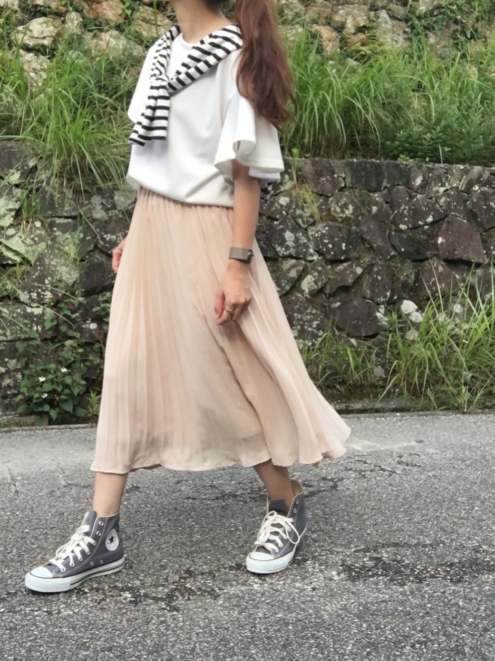 「大人カジュアル、ママコーデ、シフォンスカート、プリーツスカート」｜「GUのアイテム（スカート、ピンク系）」を使った、moyooonnさん（レディース・152cm）の夏コーディネートの1枚目の写真