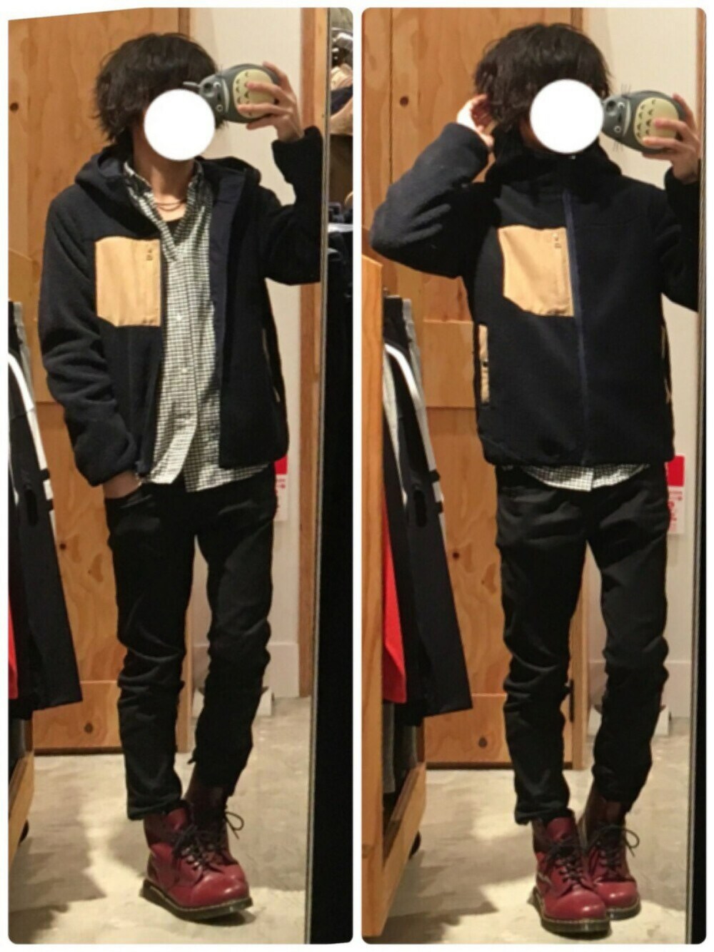 ブルー系のジャケット/アウター、ブラック系のシャツ/ブラウス、ブラック系のその他パンツを着用したメンズの秋コーディネートの1枚目の写真