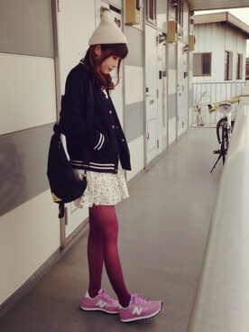 「ワンピース×スニーカー」｜「アイテム（スタジャン）」を使った、mariさん（レディース・158cm）の秋コーディネート