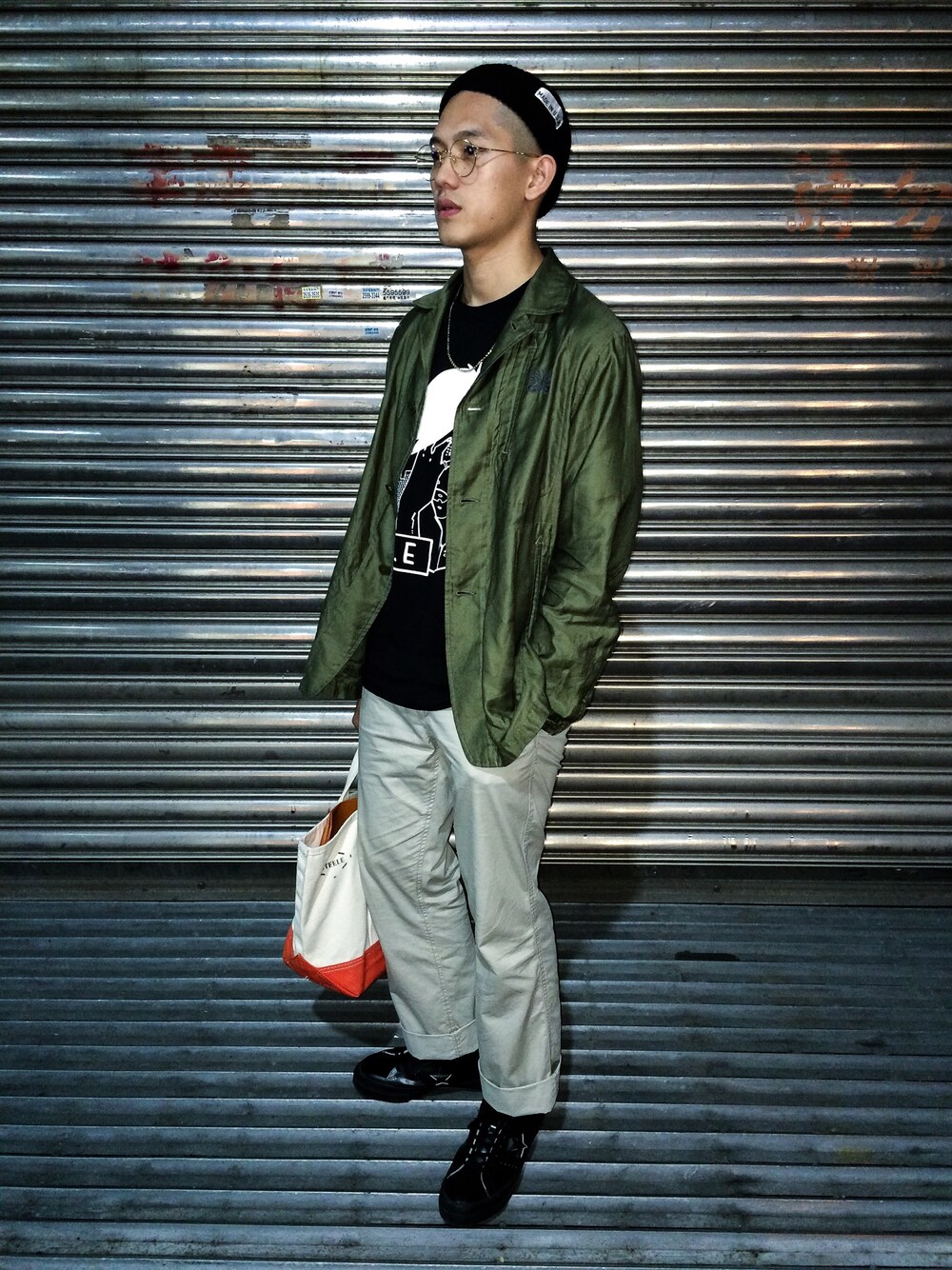「united arrows、cavempt、NEEDLES、BEAMS、白山眼鏡、steele、converse、egg、WEARBOOKエントリー」｜「UNITED ARROWSのアイテム（ニットキャップ/ビーニー、ブラック系）」を使った、連思博（EggEgg)さん（メンズ・176cm）の秋コーディネートの1枚目の写真