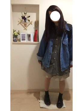 「古着のアイテム（シャツ/ブラウス、グリーン系）」を使った、konaさん（レディース・150cm）の秋コーディネート