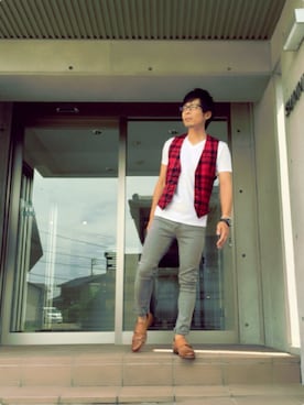 「アイテム（ベスト、レッド系）」を使った、Kazu_yaさん（メンズ・170cm）の秋コーディネート