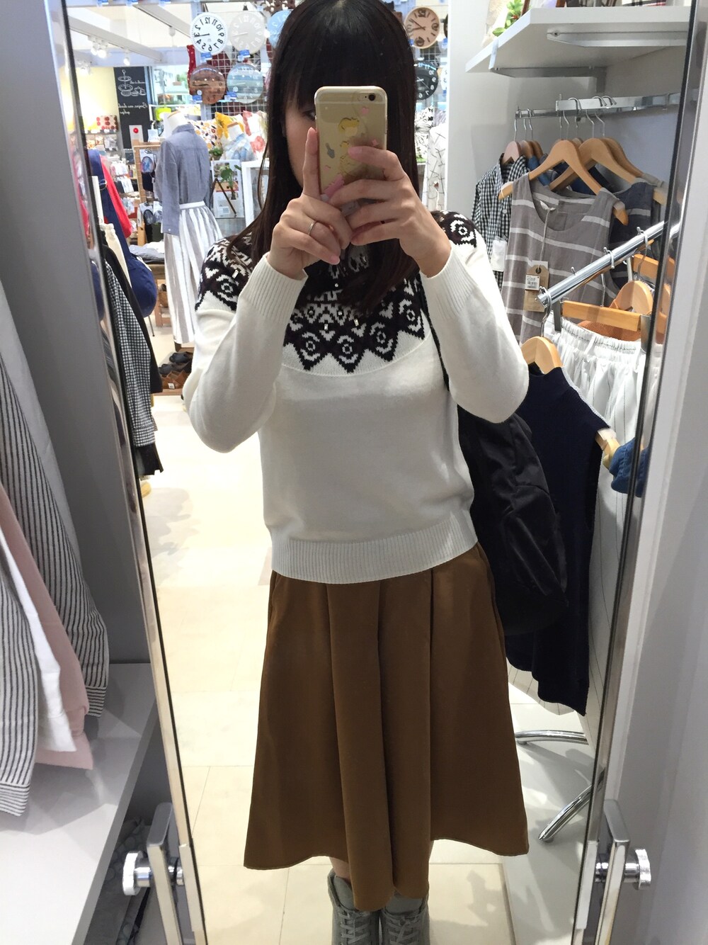 「春コーデ、GU、ガウチョパンツ、セーター、INDEX」｜「indexのフェアアイル求心ニットプルオーバー（ニット/セーター、ホワイト系）」を使った、あちゃみんさん（レディース・159cm）の春コーディネートの1枚目の写真