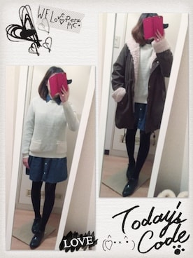 「デニムシャツワンピース」｜「アイテム（ニット/セーター）」を使った、amiさん（レディース・152cm）の冬コーディネート