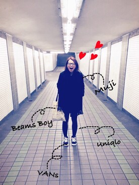 「MUJI」｜「アイテム（ピーコート）」を使った、monicayuさん（レディース・168cm）の冬コーディネート