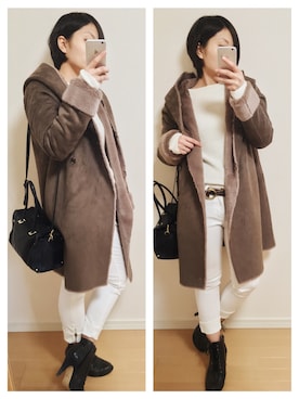 「ホワイトパンツ」｜「アイテム（ムートンコート）」を使った、Lullabyさん（レディース・157cm）の冬コーディネート