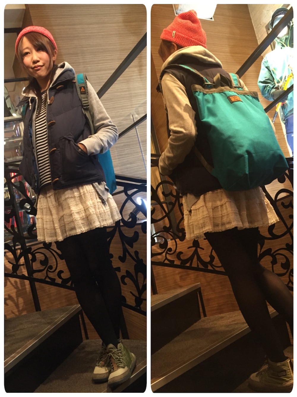 「おとな女子登山部、山ガール、アウトドアミックス、レーススカート、patagonia、MYSTERY RANCH、THE NORTH FACE、ニット帽、グレーパーカー、好日山荘」｜「KAVUのカブ / ロスコ（ニットキャップ/ビーニー、レッド系）」を使った、なっちゃんさん（レディース・166cm）の冬コーディネートの1枚目の写真