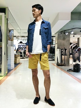 「膝上ショーツ」｜「アイテム（ローファー）」を使った、TAKEKAWAさん（メンズ・187cm）の春コーディネート