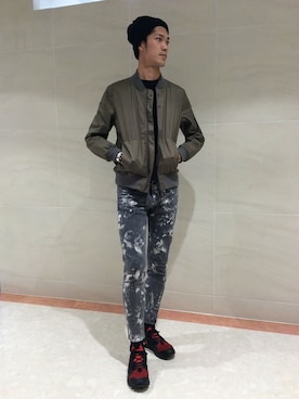 「アイテム（ニットキャップ/ビーニー）」を使った、TAKEKAWAさん（メンズ・187cm）の冬コーディネート