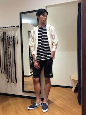 「ボーダーTシャツ」｜TAKEKAWAさん（メンズ・187cm）の夏コーディネート