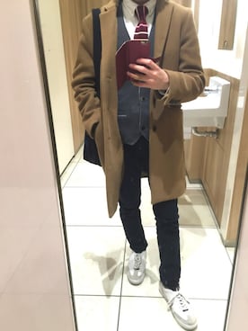 「ニットタイ」｜「アイテム（チェスターコート）」を使った、takuさん（メンズ・156cm）の冬コーディネート