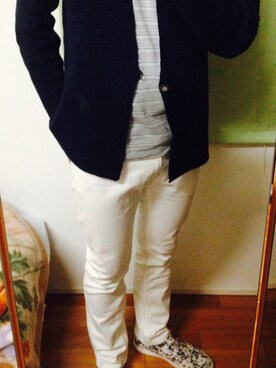 「MORGAN HOMME（モルガンオム）のワッフルロングカーデ（カーディガン/ボレロ、ブルー系）」を使った、leonidsさん（メンズ・182cm）の春コーディネート