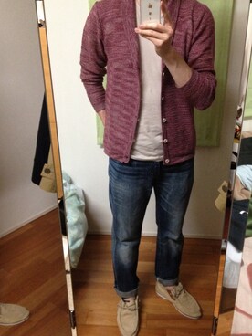 「ABAHOUSE LASTWORD（アバハウスラストワード）のアイテム（カーディガン/ボレロ、レッド系）」を使った、leonidsさん（メンズ・182cm）の春コーディネート