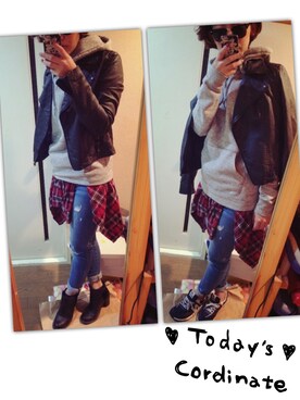 「Rodeo Crowns（ロデオクラウンズ）のアイテム（ライダースジャケット）」を使った、RICAさん（レディース・163cm）の秋コーディネート