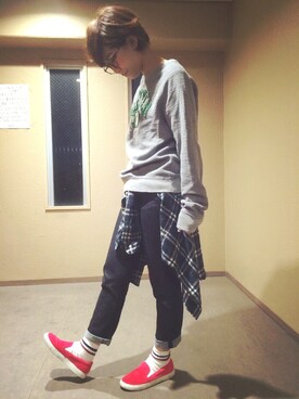 「Abercrombie&Fitch（アバークロンビーアンドフィッチ）のアイテム（スウェット）」を使った、RICAさん（レディース・163cm）の春コーディネート
