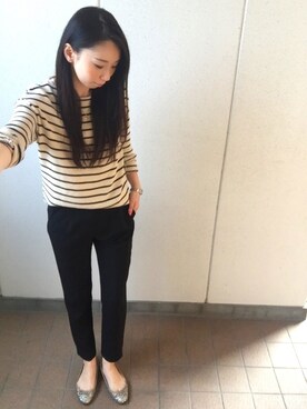 「ボーダーニット」｜「アイテム（バレエシューズ）」を使った、MITSUMIさん（レディース・160cm）の春コーディネート