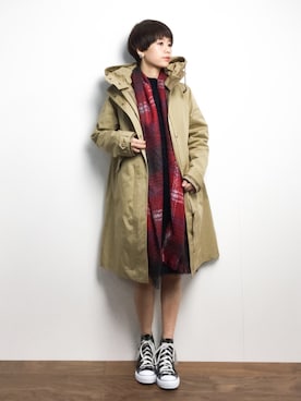 「green label relaxing（グリーンレーベルリラクシング）のアイテム（モッズコート）」を使った、yukiさん（レディース・152cm）の冬コーディネート