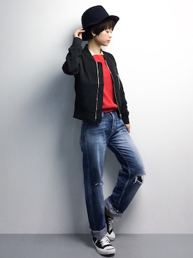 「unrelaxing（アンリラクシング）のアイテム（MA-1）」を使った、yukiさん（レディース・152cm）の冬コーディネート