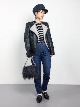 「RAY CASSIN（レイカズン）のアイテム（ライダースジャケット）」を使った、yukiさん（レディース・152cm）の秋コーディネート