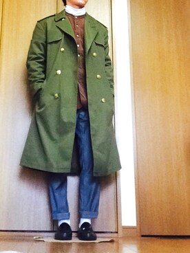 「ノーカラーシャツ」｜「アイテム（トレンチコート）」を使った、ポテチさん（メンズ・165cm）の冬コーディネート