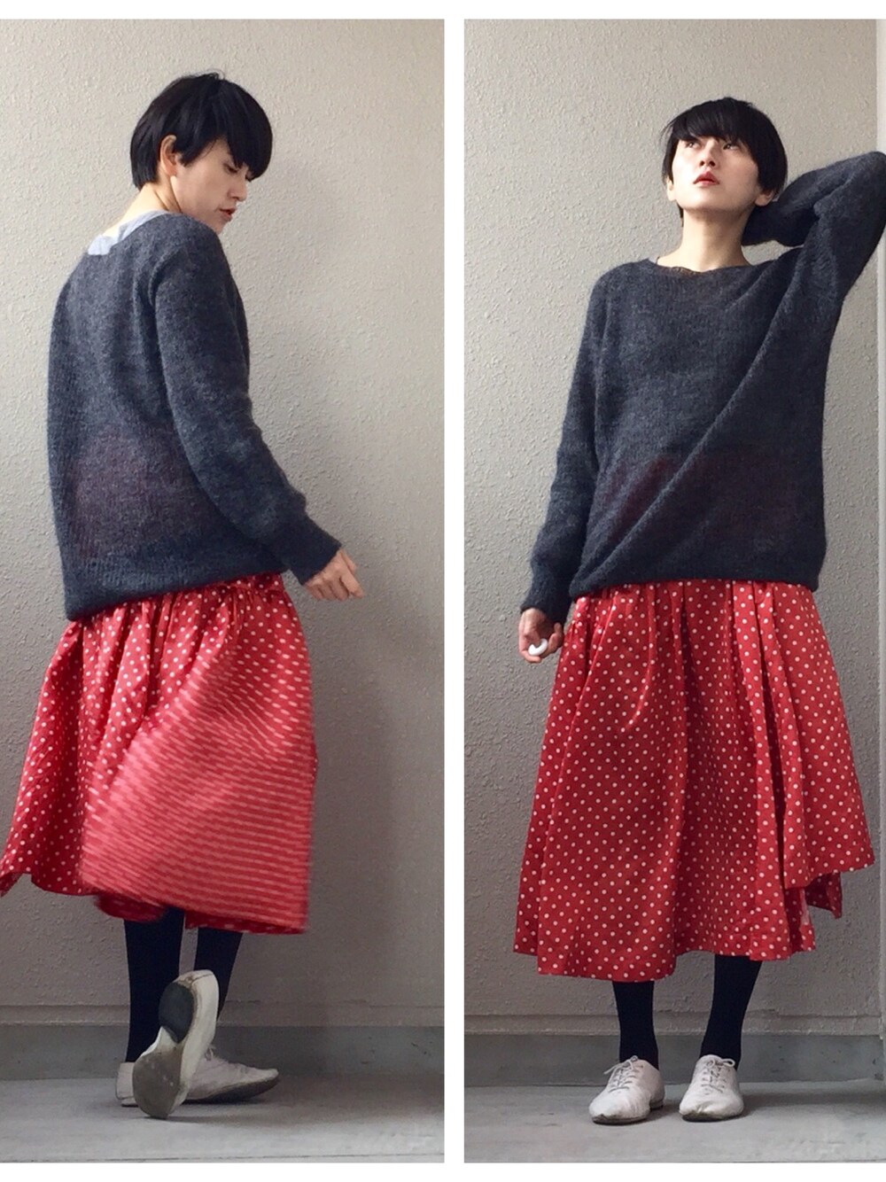 「TINA and SUSIE、used、COMME des GARCONS、グレー、グレーのニット、オーバーサイズニット、ロングスカート、ドット、リラックススタイル、ショートヘア」｜「TINA and SUSIEのアイテム（ニット/セーター、グレー系）」を使った、こまつしおりさん（レディース・158cm）の冬コーディネートの1枚目の写真