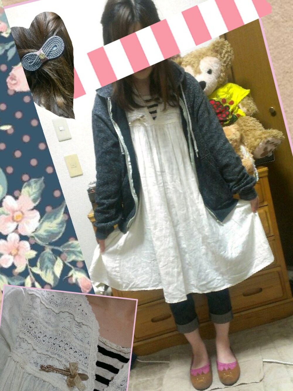 グレー系のその他ヘアアクセサリーを着用したレディースの春コーディネートの1枚目の写真