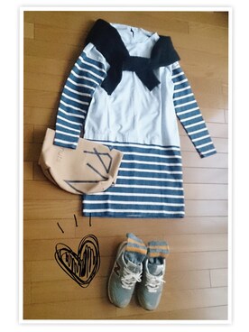「green label relaxing（グリーンレーベルリラクシング）のgreen label relaxing ボーダー切り替えワンピ（ワンピース/ドレス、ブルー系）」を使った、さーこさん（レディース・156cm）の冬コーディネート