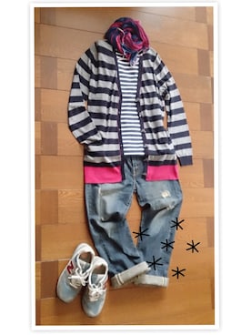 「LANVIN en Bleu（ランバンオンブルー）のボーダー配色カーディガン（カーディガン/ボレロ、ブルー系）」を使った、さーこさん（レディース・156cm）の冬コーディネート