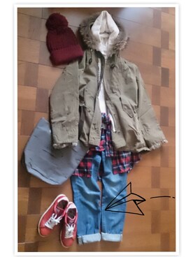 「付録バッグ（トートバッグ、ブラウン系）」を使った、さーこさん（レディース・156cm）の冬コーディネート
