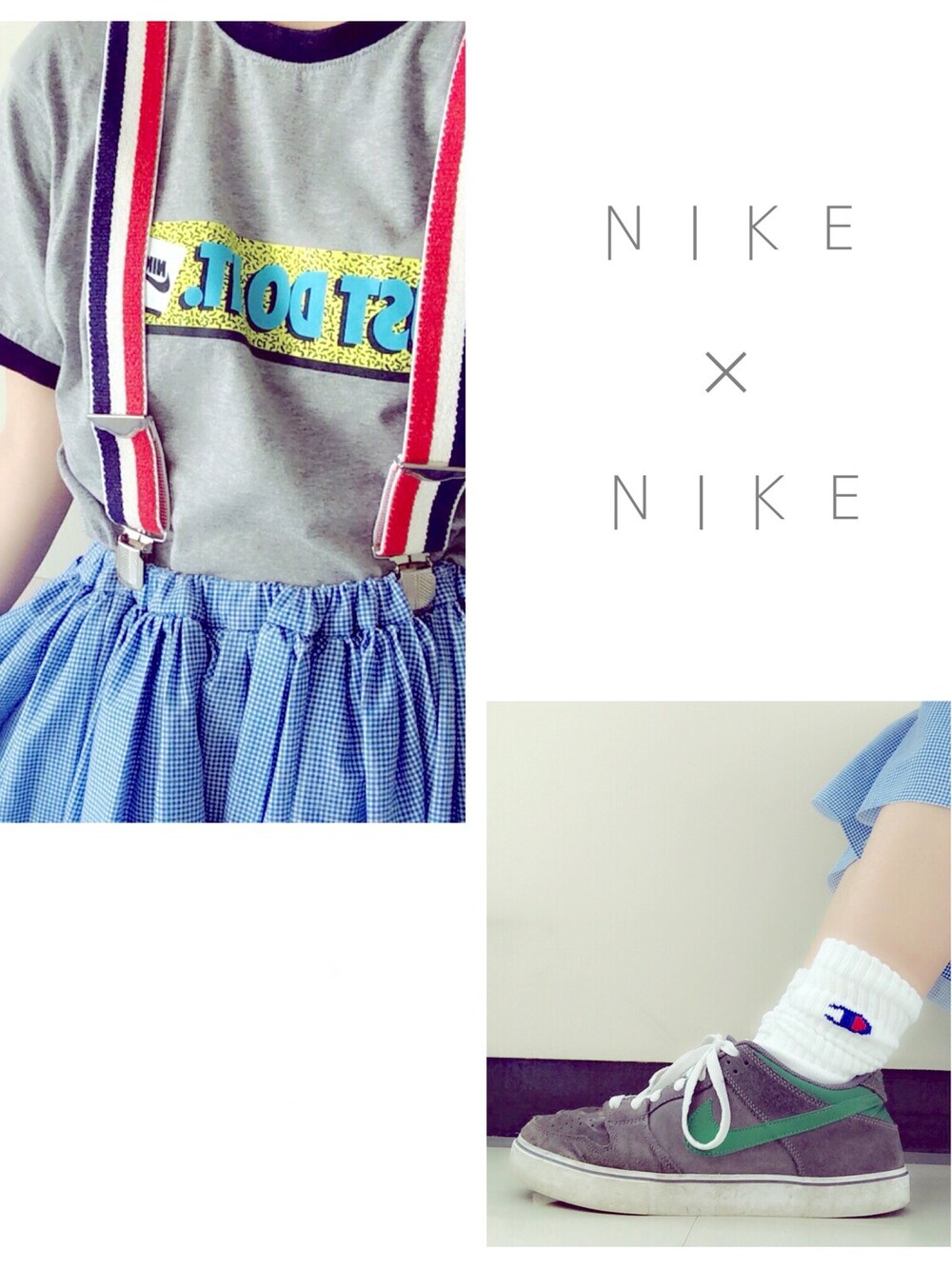「スニーカー、NIKE、Tシャツ、サスペンダー、チャンピオンソックス」｜「アイテム（スカート、ブルー系）」を使った、みかりんさん（レディース・159cm）の夏コーディネートの1枚目の写真