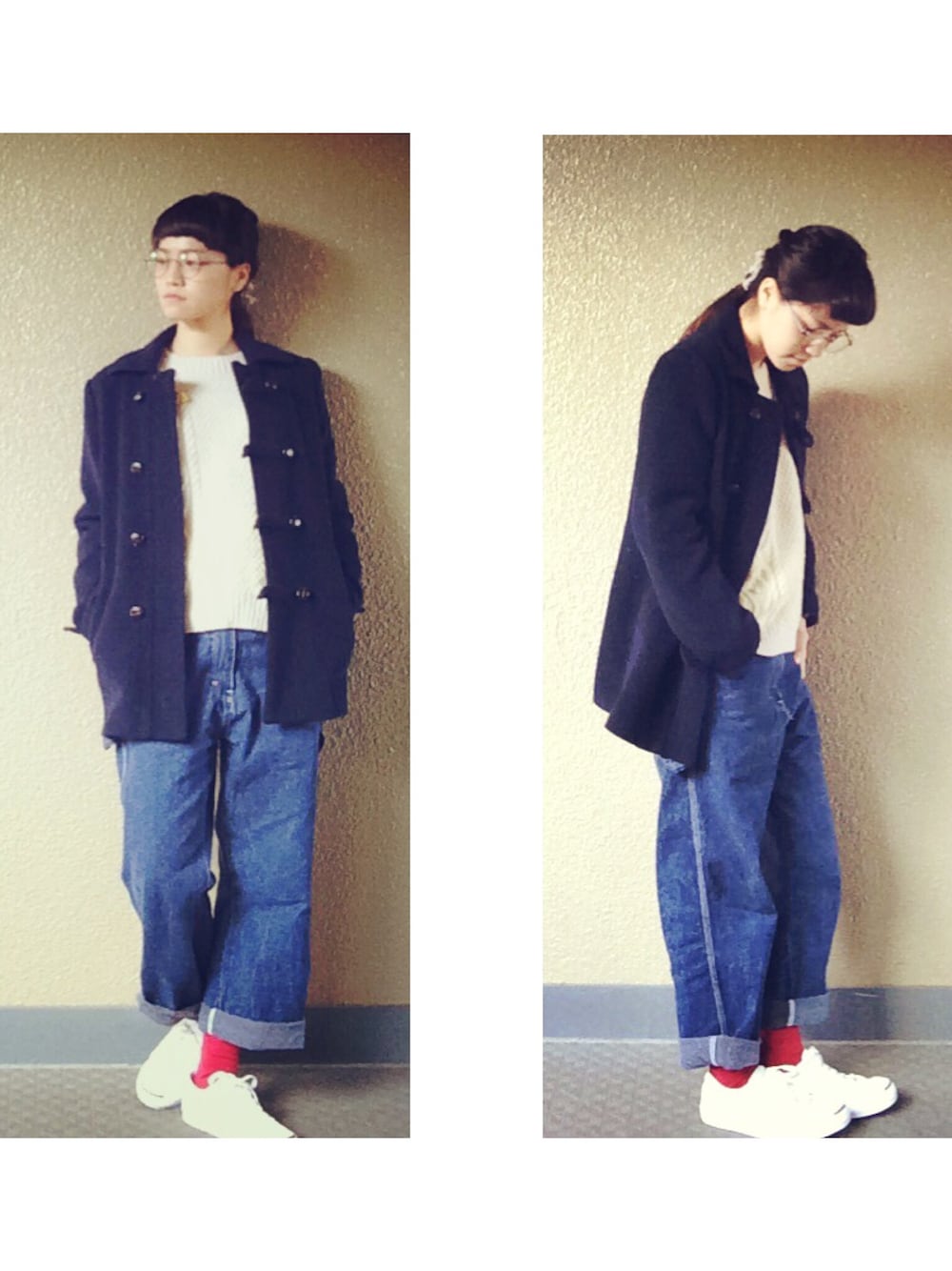「古着、ニット、Dickies、ワークパンツ、ジャックパーセル」｜「、のアイテム（ヘアゴム、ブラック系）」を使った、みかりんさん（レディース・159cm）の秋コーディネートの1枚目の写真